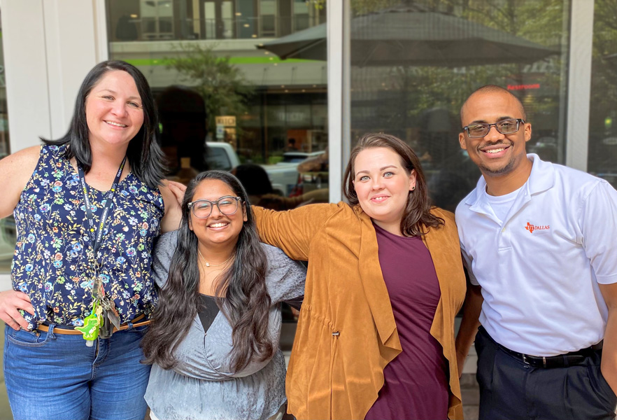 The first four Texas Instruments Founders Leadership Fellows (left to right): Jessica Howell BA’19, Sreoshi Chowdhury BS’21, Tiffany Page Carter BA’21 and Archie Nettles BS’11, MPA’18.