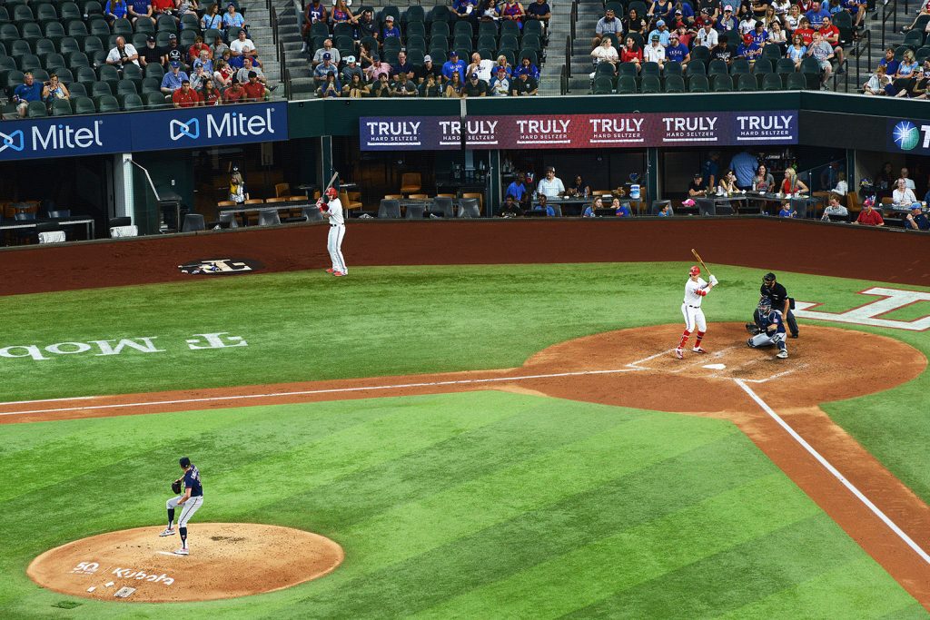 Texas Rangers playing against the Minnesota Twins at Globe Life Field.