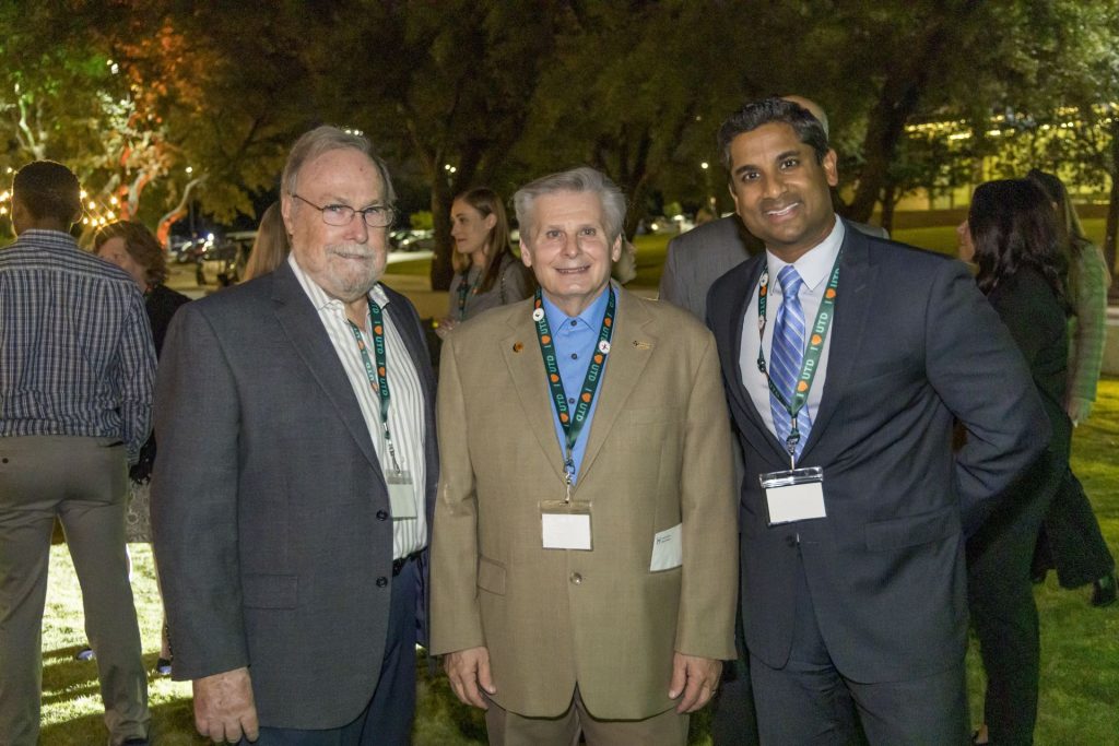 From left: UT Dallas Professor Emeritus Donald Hicks, James Hellums PhD’00 and Chris Bhatti MA’06.