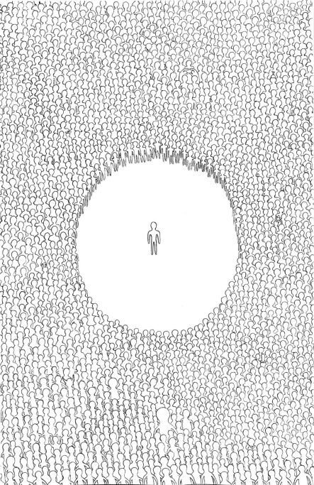 Drawing of a silhouette standing in a middle of a circle surrounded by other silhouettes.