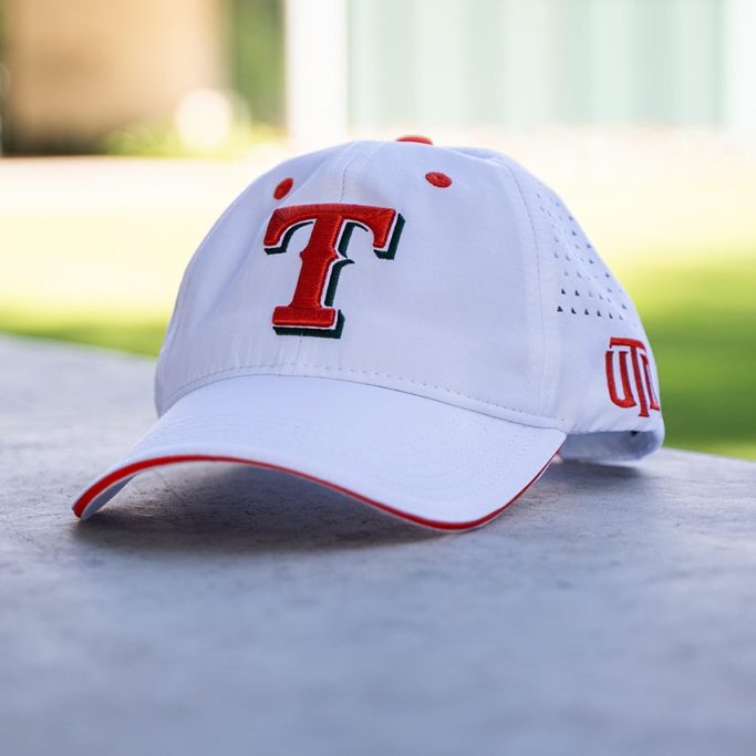 White hat with red "T" representing the Texas Rangers baseball team logo.