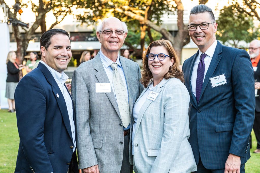 (from left) Joseph Hamaty, director of development; Dr. Larry Sall, UT Dallas Executive Board member; Dr. Jennifer Holmes, dean of the School of Economic, Political and Policy Sciences; and Rafael Martín PhD’20, UT Dallas vice president and chief of staff.